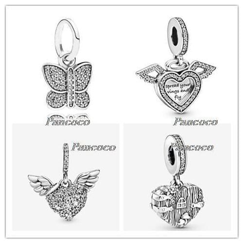 925 Sterling Silver Charm Heart & Angel Wings Charm Beads Fit Women Pandora Bracelet & Necklace DIY Jewelry