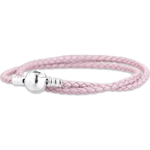 Genuine 925 Sterling Silver Charms Bracelet Femme Pink Leather Bracelets for Women DIY Jewelry Making Pulseras Wholesale