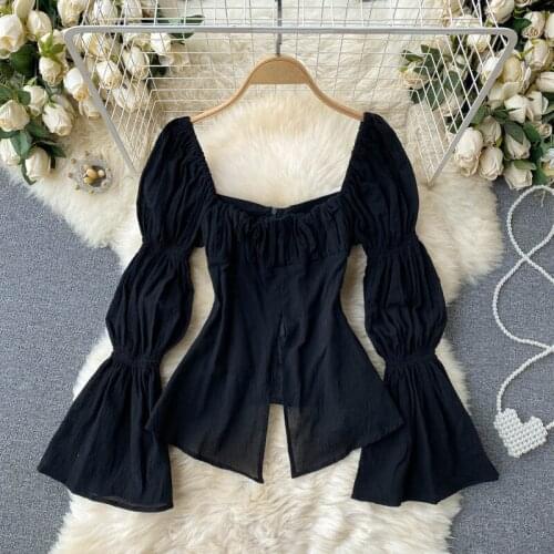 Floral Top Women black Sweet Square Neck Long Puff Sleeve Ruched Drawstring Crop Top Autumn Woman Party Blouse 2021 New