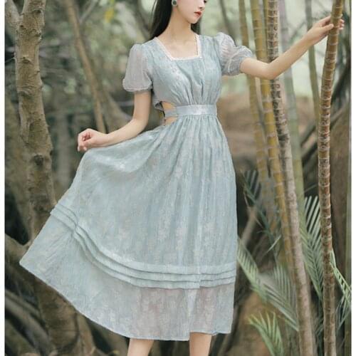 Dress French Romantic Fairy Dresses Women Summer High Waist Hollow Bowknot Tie Sweet Lace Elegant Puff Sleeve Gentle Midi Dress