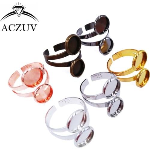 100pcs Mixed Colors 10mm 12mm Double Bezel Blank Adjustable Ring Blanks Base Copper Metal Cabochon Rings Settings TJZT021