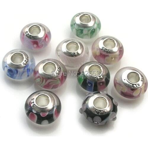 Free Shipping 14mm Glass silver plated Core Big Hole Loose Beads fit European Jewelry Bracelet Charms DIY