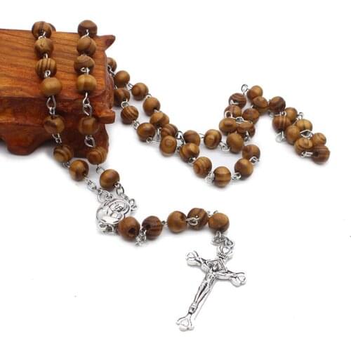 Rosary Necklace Wooden Rosaries Beads Jesus Cross Pendants Necklaces for Men Religious Christian Catholic Church Jewelry