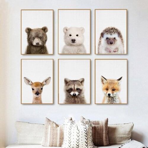 Baby Polar Bear Deer Fox Hedgehog Prints Woodland Nursery Animal Wall Art Kids Room Large Canvas Painting Decoration Pictures