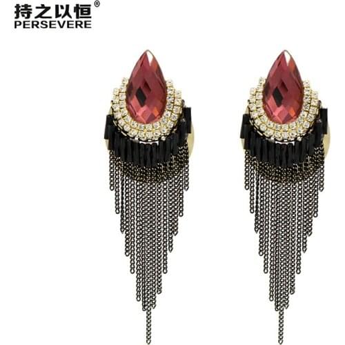 Ethnic Handmade Rhinestone Black blue grey red Crystal Metal Chain short Tassel Earrings For Women Jewelry Wife mom gift