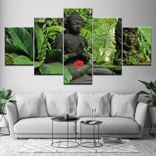 Canvas Painting Buddha in green forest 5 Pieces Wall Art Painting Modular Wallpapers Poster Print for living room Home Decor