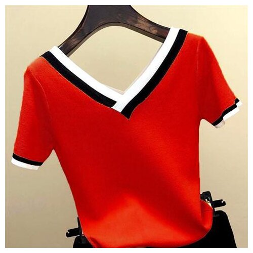 V-neck Red Girl Summer beauty Thin Office Lady Cloth Women T-shirts Knitting Crop Short Sleeve Stretchy T-shirt Ice silk Tops