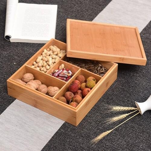 Bamboo Melon Seed Snack Fruit Tray Dried Fruit Tray Compartment with Lid Living Room Household Storage Fruit Snack Candy Box