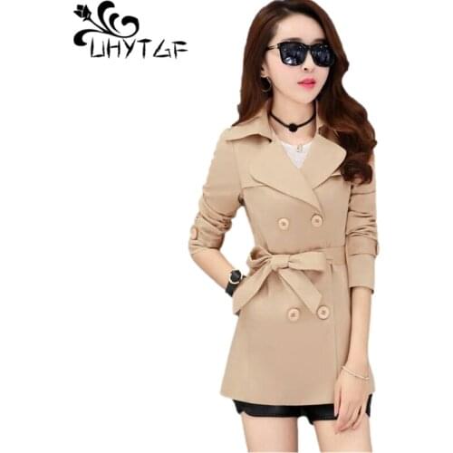 UHYTGF New Double-breasted Spring Autumn jacket Womens fashion belt Slim thin short outerwear Elegant female plus size coat 140
