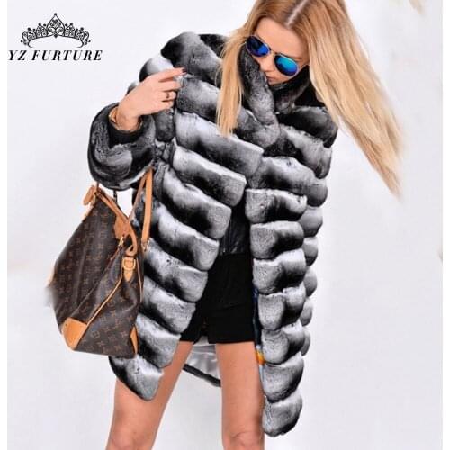 New Women Winter Fashion Real Rex Rabbit Chinchilla Fur Coat For Thick Warm Jacket Stand Collar Genuine Fur Coat Luxury Outwear