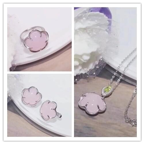 Romantic Fine Bride Sets Five Petal Flower Opal Colorful Flower Necklace Big Ring Earrings 925 Sterling Silver Jewelry Set for W