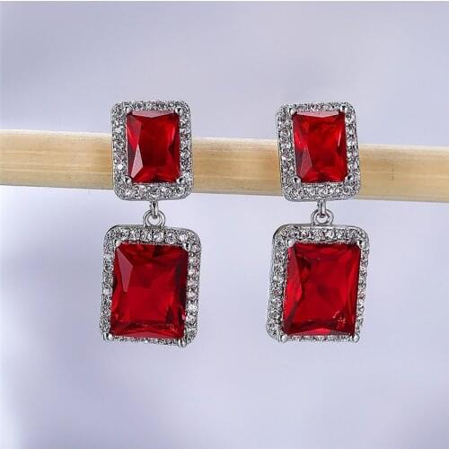Luxury Female Red Crystal Drop Earrings Rose Gold Silver Color Dangle Earrings Trendy Rainbow Square Wedding Earrings For Women