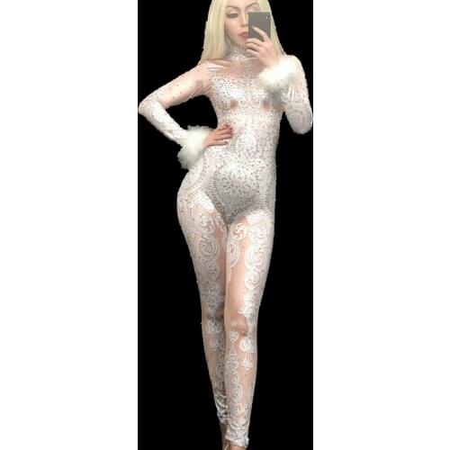 Sexy White Lace Rhinestones Feathers Bodysuit Female Singer Stage Jumpsuit Celebrate Party Costume Glisten Stretch Nude Outfits