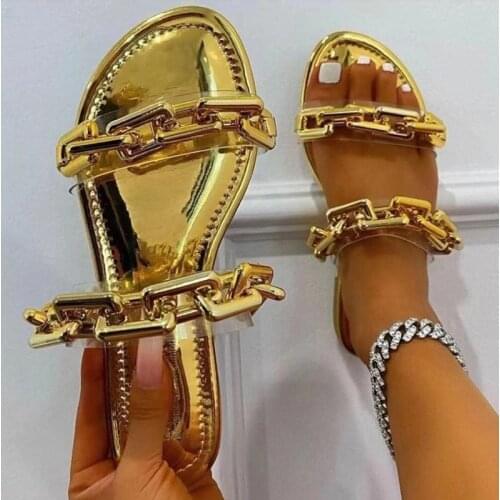 Womens 2021 New Summer Sandals Slippers Female Golden Transparent Chain Decoration Flip Flops Casual Slippers for Women