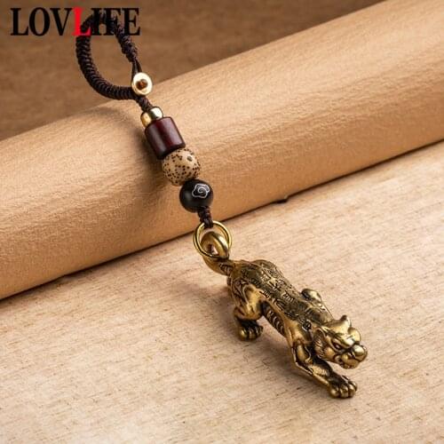 Symbol of Imperial Power Copper Tiger Key Chain Hanging Trinkets Engraving Chinese Words Trendy Motorcycle Keychain Rope Pendant