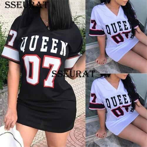 SSEURAT 2021 Women Casual Loose Letter Print Shirt Dress Ladies Plus Size Short Sleeve O Neck Mini Dress