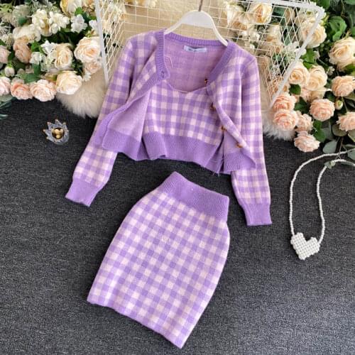 Knit Plaid Cardigans + Camisole + Skirts 3pcs Sets Girls Short Sweater Coat + Vest + Mini Skirt Suits Women Outfits Chic Suit