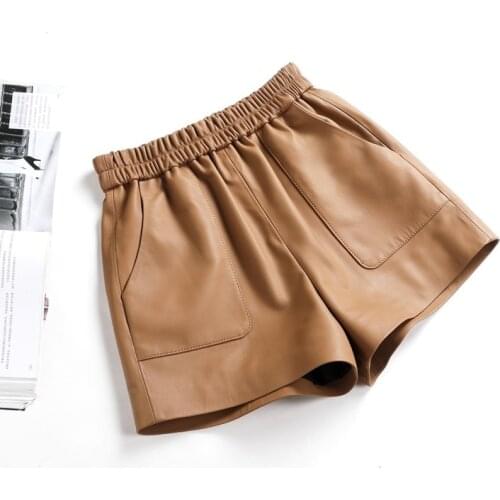 2021 Spring Womens High quality genuine leather Elastic waist Shorts C397