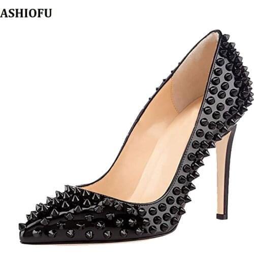 ASHIOFU Handmade Womens 10cm High Heel Pumps Rivets Spikes Party Prom Dress Shoes Office Lady Fashion Court Shoes