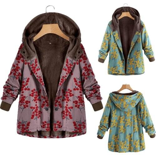 Women Winter Coats Warm Printed Flowers Hooded Button Casual Coats Long Sleeves Large Size Coat Plush Long Sleeve Slim Hood Coat