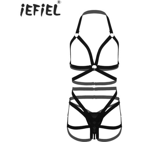 Women Connected Elastic Band Lingerie Set Hollow Out Body Chest Harness Halter Strappy Leotard Lingerie Bodysuit Sissy Clubwear