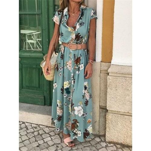 New Fashion Womens Bohemian Lapel Flower Print Button Long Dress Casual Loose Dress (With Belt) Sizes S-2XL