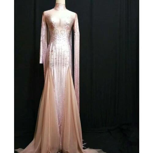 Pink Tassel Long Dress Women Stage Dance fringes Birthday Dress Nightclub Party Female Singer Costume Evening Celebrity Outfit