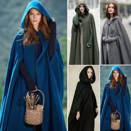 Thick Autumn Winter Women Single Button Cloak Designer Female Vintage Hooded Solid Floor-Length Medieval Long Cape Overcoats