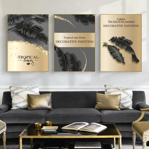 Golden Black Tropical Leaf Modern Abstract Canvas Painting Nordic Posters and Prints Wall Art Pictures for Living room Decor
