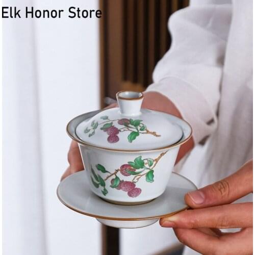 160ml Ru Kilns Sancai Covered Bowls Handmade Landscape Pottery Covered Bowls Kung Fu Tea Bowls Office Decoration