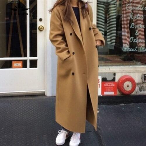2020 Loose Vintage Long Sleeve New Women Autumn Winter Double Breasted Korea Coat Ladies X-long Notched Collar Overcoat Parka