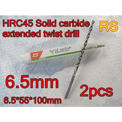 6.5*55*100mm 2pcs/set HRC45 High quality Solid carbide extended twist drill Free shipping