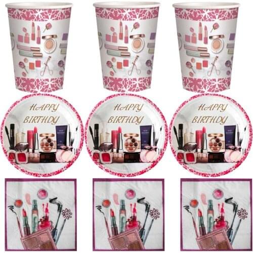 60pcs/lot Happy Birthday Party Cosmetic Theme Plates Kids Girls Favors Cups Napkins Baby Shower Decorate towel Dishes