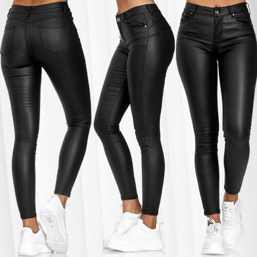 High waist pencil pants solid color trousers PU leather pants casual sexy fashion women tight stretch trousers ladies foot pants