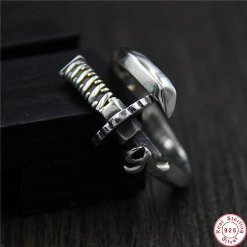 Pure S925 Sterling Silver colour Rings Men Cool Retro Antique Katana Rings Adjustable Size 6-9 Fine Jewelry Anillo Compromiso