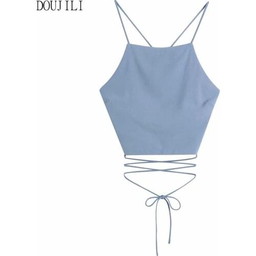 DOUJILI Women Blue Top Long Thin Strap Sleeveless Backless Hot Summer Shirts Female Sexy Solid Tops
