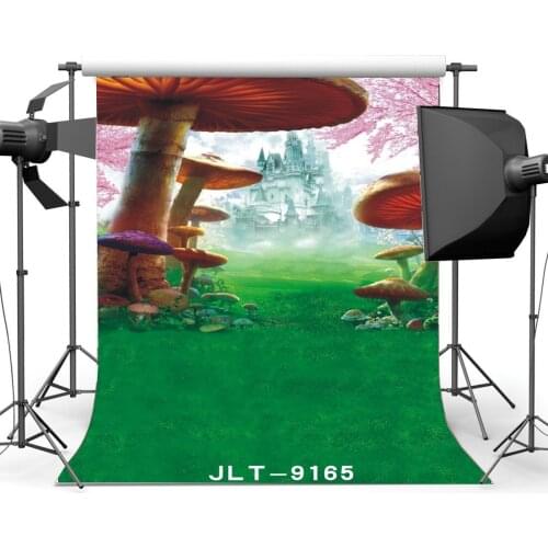 Photography Backdrops Fairy Tale Castle Dream Like Wonderland Mushroom Green Grass Field Background