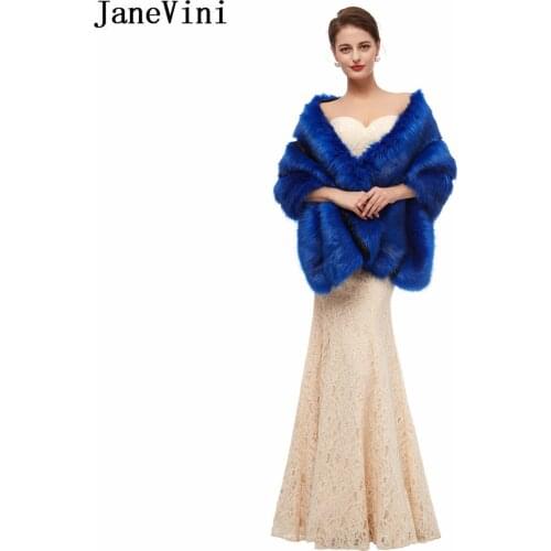 JaneVini 2020 Royal Blue Winter Warm Wedding Cape Faux Fur Bolero Bridal Shawls and Wraps Cloak High Quality Wedding Accessories
