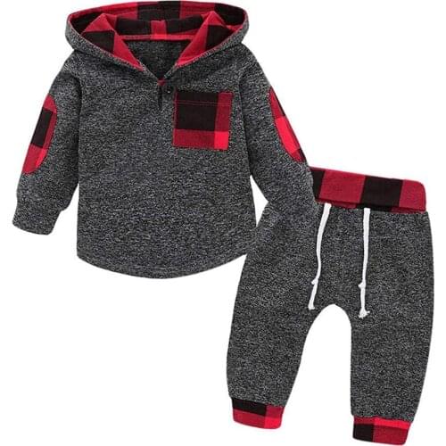 Infant Baby Boy Girl Clothes Sets Plaid Gray Hoodie Pocket Sweatshirt Pullover Jacket + Pants Toddler 2PCS Clothing Outfits