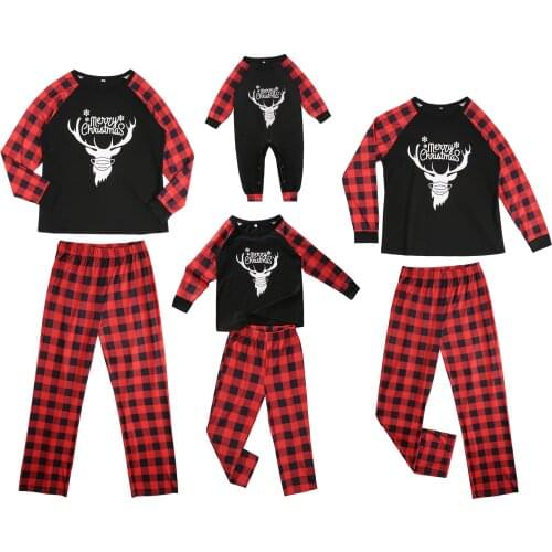FOCUSNORM Christmas Parent-child Family Pajamas Sets Cartoon Deer & Letter Print Long Sleeve Tops Plaid Pants/Jumpsuits