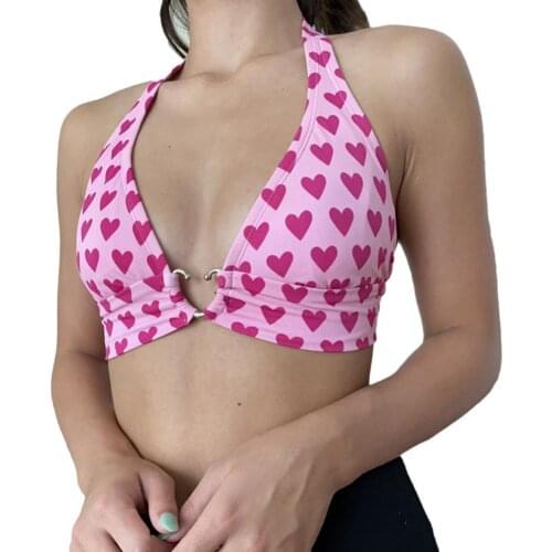 Summer Tanks Camisole Love Heart Printed Soft Spandex Women Sleeveless Halter Camisole Bra for Club Women Sexy Top Clothes 2021