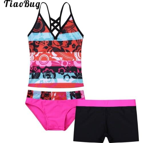 Summer 3PCS Kids Girls Swimwear Tankini Floral Printed Swimsuit Bathing Suit Set V-Neck Tops With Bottoms Shorts Briefs