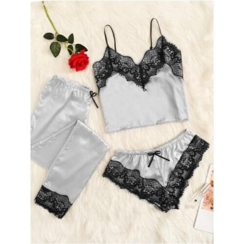 Hot Summer Women Satin Lace Mesh Sleepwear Babydoll Nightwear Shorts Pjs Pyjamas Female Sexy Sleepwear Outfits 9 Colors