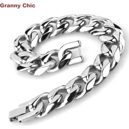 Granny Chic Mens Jewelry High Quality Silver Stainless Steel Curb Cuban Wide Link Chain Bracelet 15mm8.66"