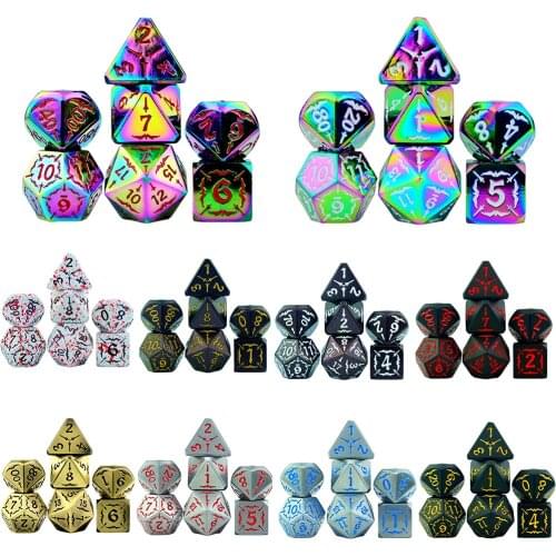 Polyhedral Splashing Blood Metal Dice Set with PU Leather Bag for RPG Gaming Halloween Party Game