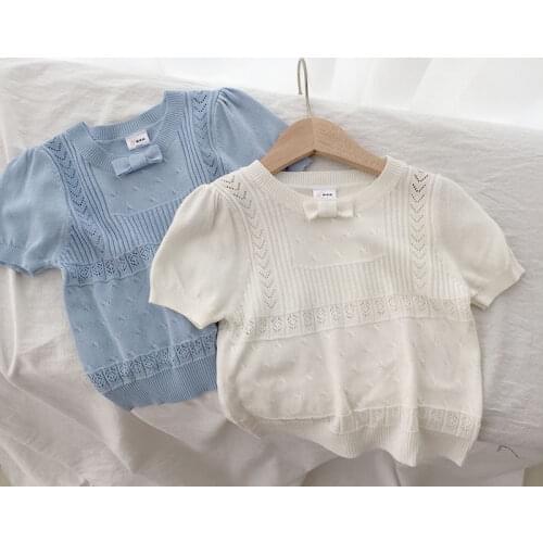 New Baby Girls Sweater 2021 Summer Short Sleeve Knitted T Shirt Cute Hollow Out Pullover Tops with Bow Fashion Clothes Knitwear