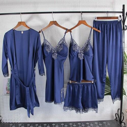 FZSLCYIYI 5/2/1Pcs Embroidery Trim Pajamas Sleepwear Sexy Satin Silk Homewear Sleep Lounge Pyjama With Chest Pads Nightwear