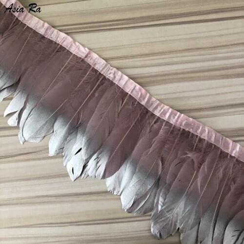 Asia Ra Wholesale 4M 15-20CM Leather Pink Dyed Goose Duck Tail Feather Trims Strip for Wedding Party Clothing Geese Feather Trim