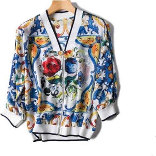 Silk spliced women fashion multicolor printed loose shirt zipper cardigan tees coat 7th sleeve one&over size retail wholesale