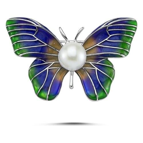 Silver 925 Sterling Pearl & Enamel Butterfly Brooch